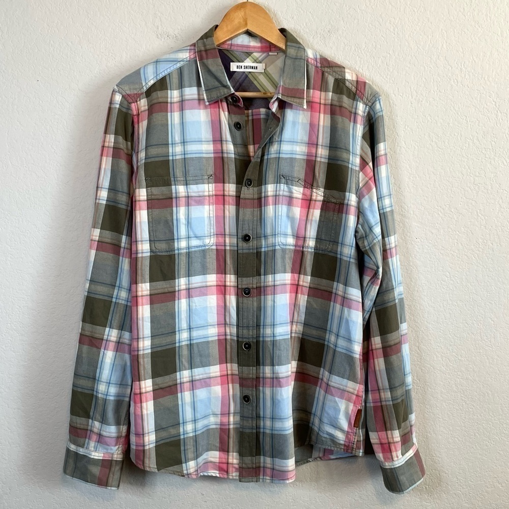 Ben Sherman Pink Green Blue Long Sleeve Button Front Plaid Shirt Size Large